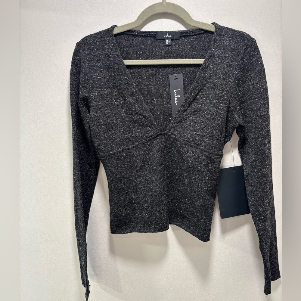 Lulu's Black Sparkle V-Neck Long Sleeve Top